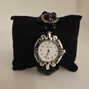 Trendz Silver Watch With Black And Brown Beaded Stretch Bracelet